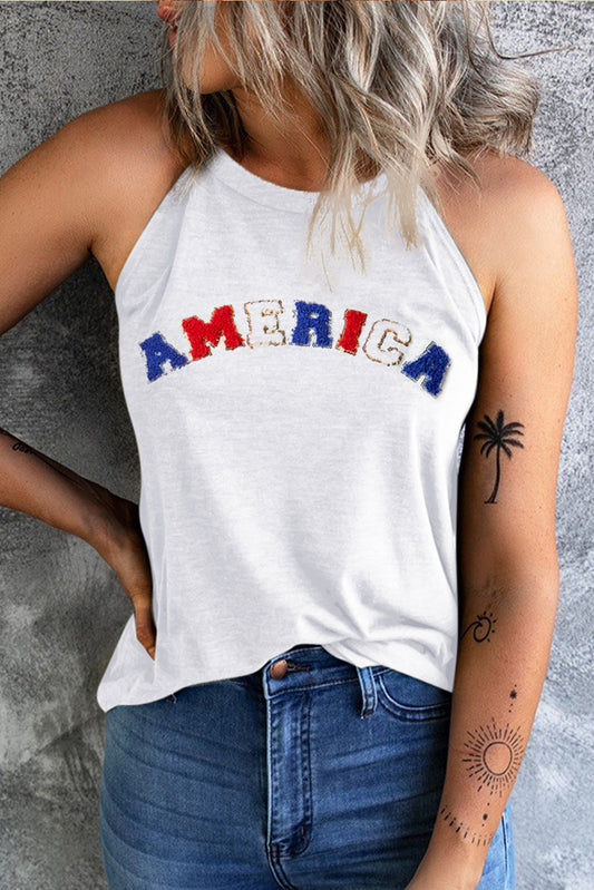 White Chenille AMERICA Graphic Tank Top