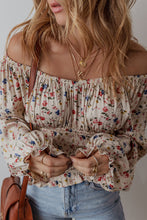 Beige Boho Floral Print Smocked Waist V Neck Blouse