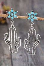 Silvery Western Turquoise Flower Cactus Dangle Earrings