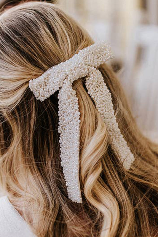 White Beaded Bow Knot Hair Clip