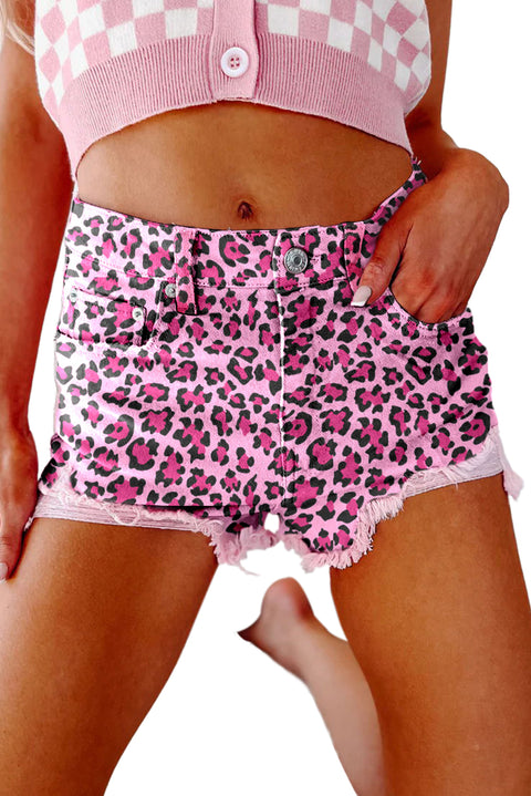 Shorts vaqueros con dobladillo sin rematar y estampado de leopardo