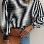 Black Stripe Round Neck Drop Shoulder Long Sleeve Top