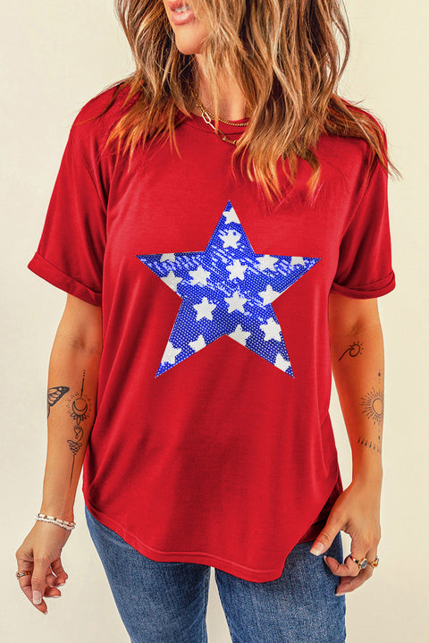 Red Sequin Star Graphic Crewneck T Shirt