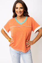 Grapefruit Orange Contrast Trim Exposed Seam V Neck T-shirt