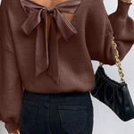 Coffee Lantern Sleeve V Neck Knot Back Sweater