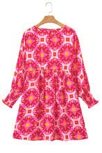 Strawberry Pink Geometric Print Smocked Long Sleeve Mini Dress