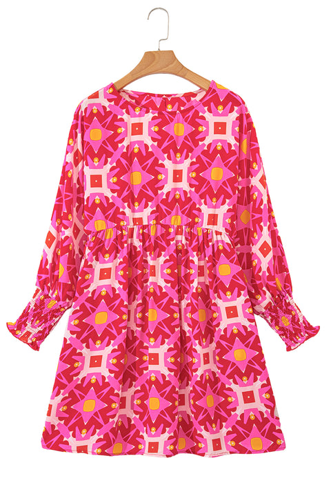 Strawberry Pink Geometric Print Smocked Long Sleeve Mini Dress