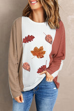 Apricot Thanksgiving Sequin Fall Leaves Graphic Colorblock Ribbed Knit Top