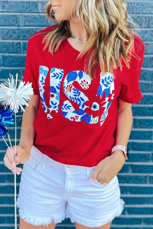 Red USA Flower Print Round Neck T Shirt