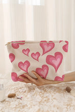 White Hearts Print Zipper Corduroy Large Cosmetic Bag