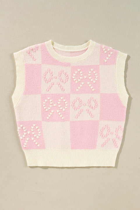 Pink Preppy Bow Detail Checkered Sweater Vest