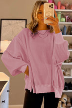 Pink Waffle Knit Bishop Sleeve Split Oversized Sweatshirt