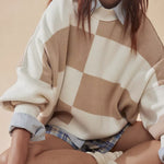 Khaki Checkered Side Slits Drop Shoulder Oversized Sweater