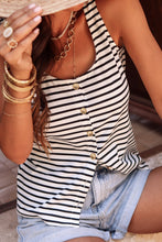 White Striped Print Button Front U Neck Tank Top