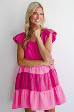 Pink Crinkled Colorblock Patchwork Flutter Tiered Mini Dress