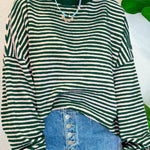 Green Stripe Loose Drop Shoulder Long Sleeve Top