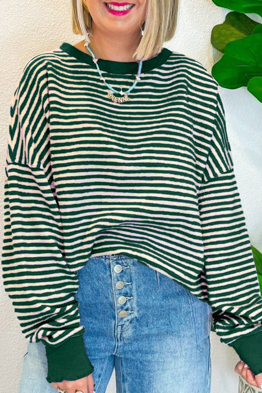 Green Stripe Loose Drop Shoulder Long Sleeve Top