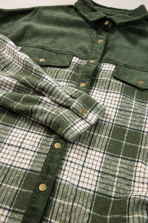 Blackish Green Snap Buttons Colorblock Plaid Shacket