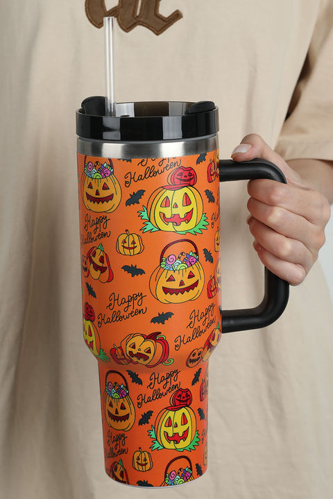 Orange Halloween Pumpkin Print Handle Large Tumbler 40oz