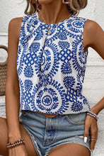 Blue Vintage Print Pintuck Crew Neck Tank Top