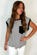 Black Stripe Chest Pocket Patch Round Neck Tank Top