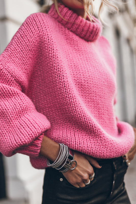 Rose Red Chunky Knit Turtle Neck Drop Shoulder Sweater