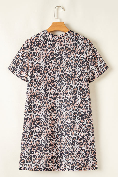 Brown Leopard Print Crew Neck Shift Short T Shirt Dress