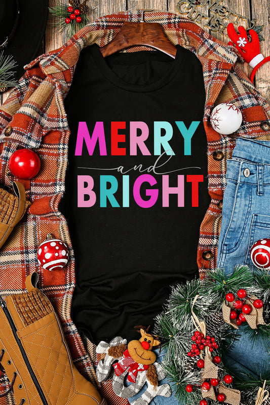 Camiseta negra con gráfico de cuello redondo MERRY y BRIGHT