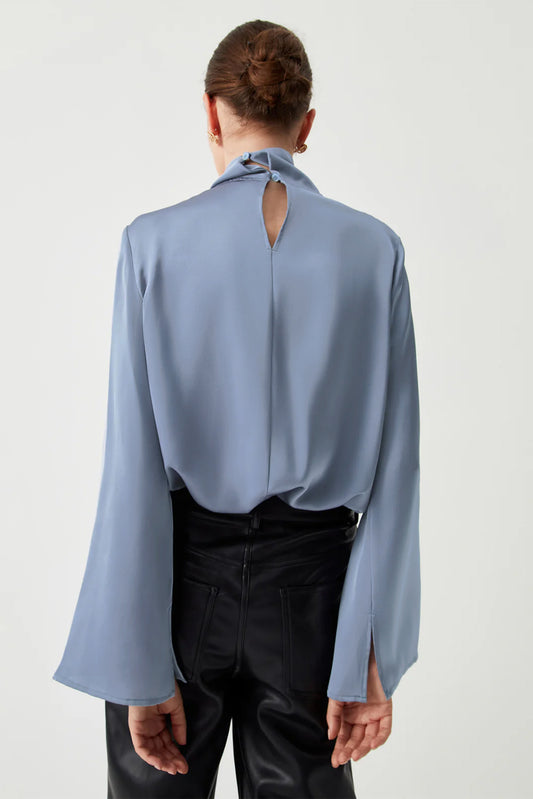 Ivy Asymmetric Pleated Turtleneck Bell Sleeve Blouse