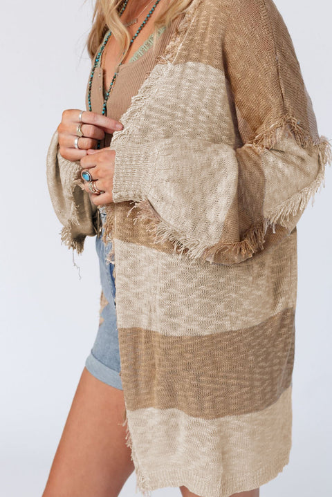 Khaki Stripe Lantern Sleeve Fringed Open Cardigan