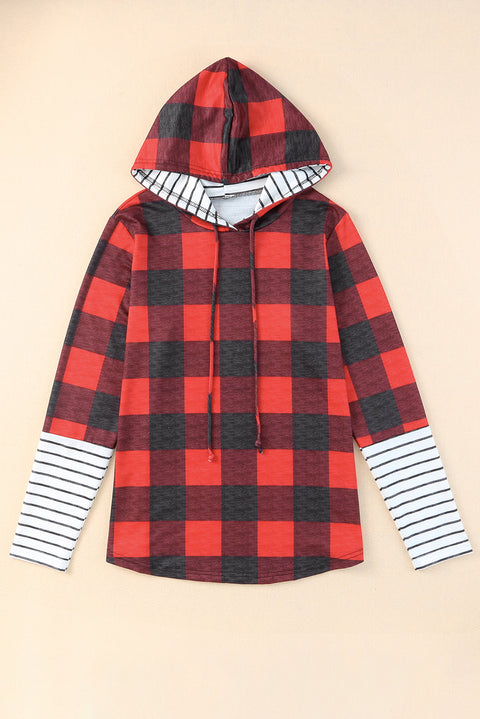 Christmas Plaid Striped Patchwork Drawstring Hoodie