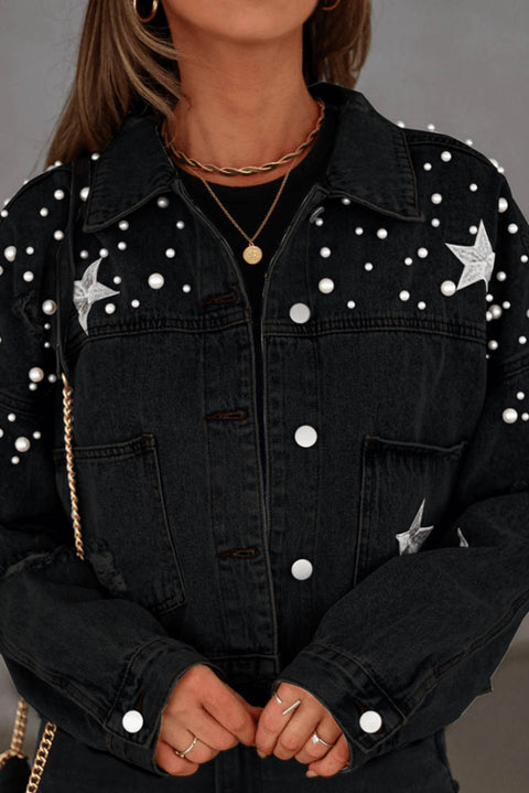 Chaqueta vaquera corta con estrella de perlas desgastadas azul cielo