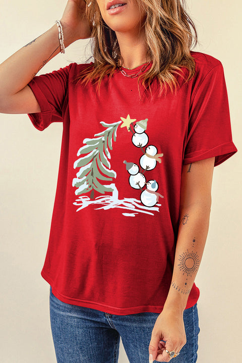 Red Christmas Tree Snowman Printed Crewneck T Shirt