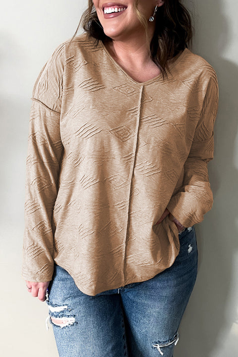 Khaki Plus Size Textured Drop Shoulder Exposed Seam Top