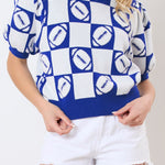 Dark Blue Rugby Plaid Color Block Puff Short Sleeve Sweater