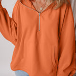 Orange Fleece Lined Half Zipper Kangaroo Pockets Loose Hoodie