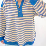 Blue Stripe Buttoned V Neck Collared Drop Shoulder Top