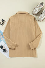 Light French Beige Solid Frilled Flap Pocket Button Up Corduroy Shacket