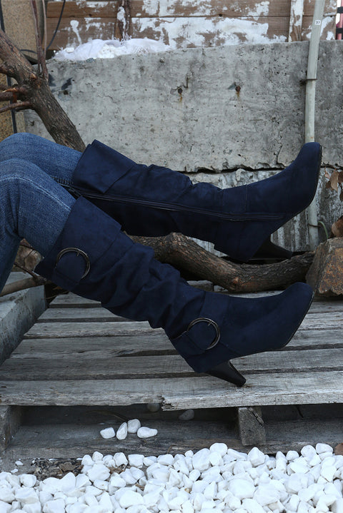 Navy Blue Dual Buckle Strap Side Zip Heeled Mid Calf Boots