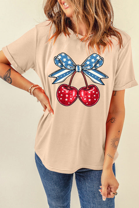 Khaki American Flag Bowknot Cherry Print Crew Neck T Shirt