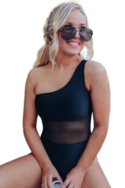 Black Single Shoulder Mesh Patchwork One-piece Swimwear