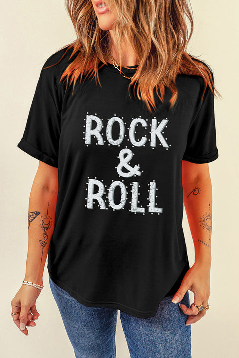 Black ROCK & ROLL Graphic Crew Neck Tee