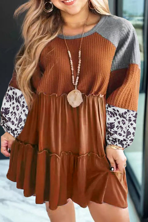 Gold Flame Plus Size Waffle Leopard Long Sleeve Ruffle Mini Dress