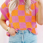 Strawberry Pink Colorblock Plaid Pattern Ribbed Trim Sweater Tank Top