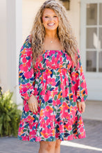 Rose Flower Print Smocked Square Neck Plus Size Dress