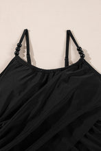 Black Beaded Spaghetti Straps Ruched Overlapped One Piece Swimsuit