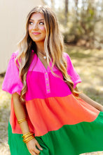 Multicolor Color Block Tiered Puff Sleeve Dress