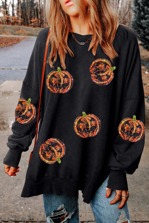 Black Sequined Jack O Lantern Split Hem Baggy Sweatshirt