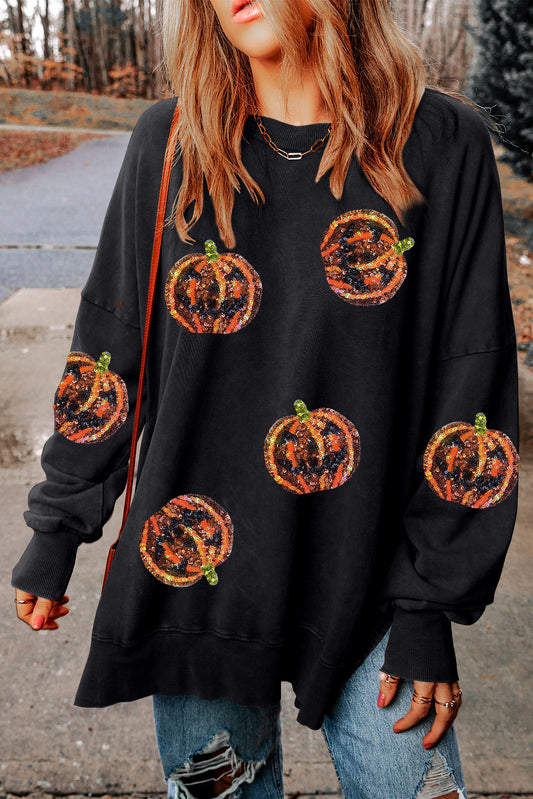 Sudadera holgada con dobladillo dividido y lentejuelas Jack O Lantern negra