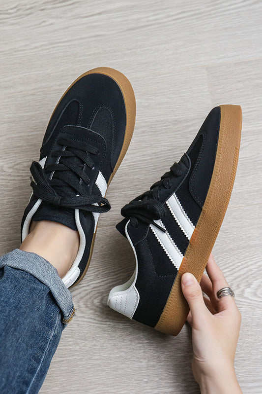 Black Striped Lace-up Flat Sneakers